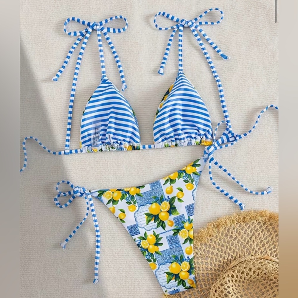 Lemon Print Triangle Side Tie Bikini Set - Picture 8 of 11